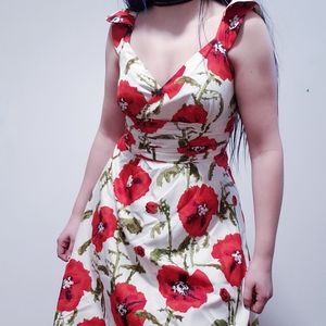 Chadwicks Collection Floral Midi White & Red Ruffle Sleeve Dress